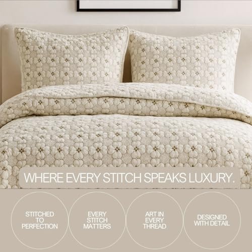 Image of VAS COLLECTIONS 100% Cotton Quilted Bedcover Set, 280 TC Soft & Lightweight King Size (90x100 in / 228x254 cm), Coverlet with 2 Pillow Covers (Creamy Beige)