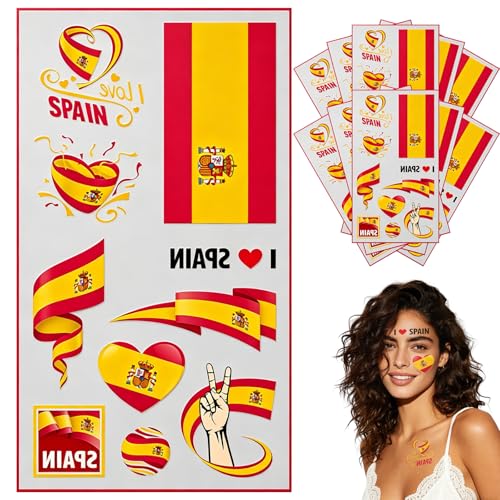 10 Sheets Spain Flag Temporary Tattoo for World Cup Football 2026 Decoration Decorative Spainish Flag Tattoo Transfer Stickers Patriotic Tattoos for National Day Support Event Spain Party Decorations