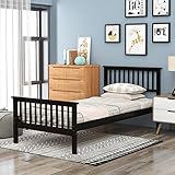 Merax Twin Size Wood Platform Bed with Headboard and Wooden Slat Support, Black