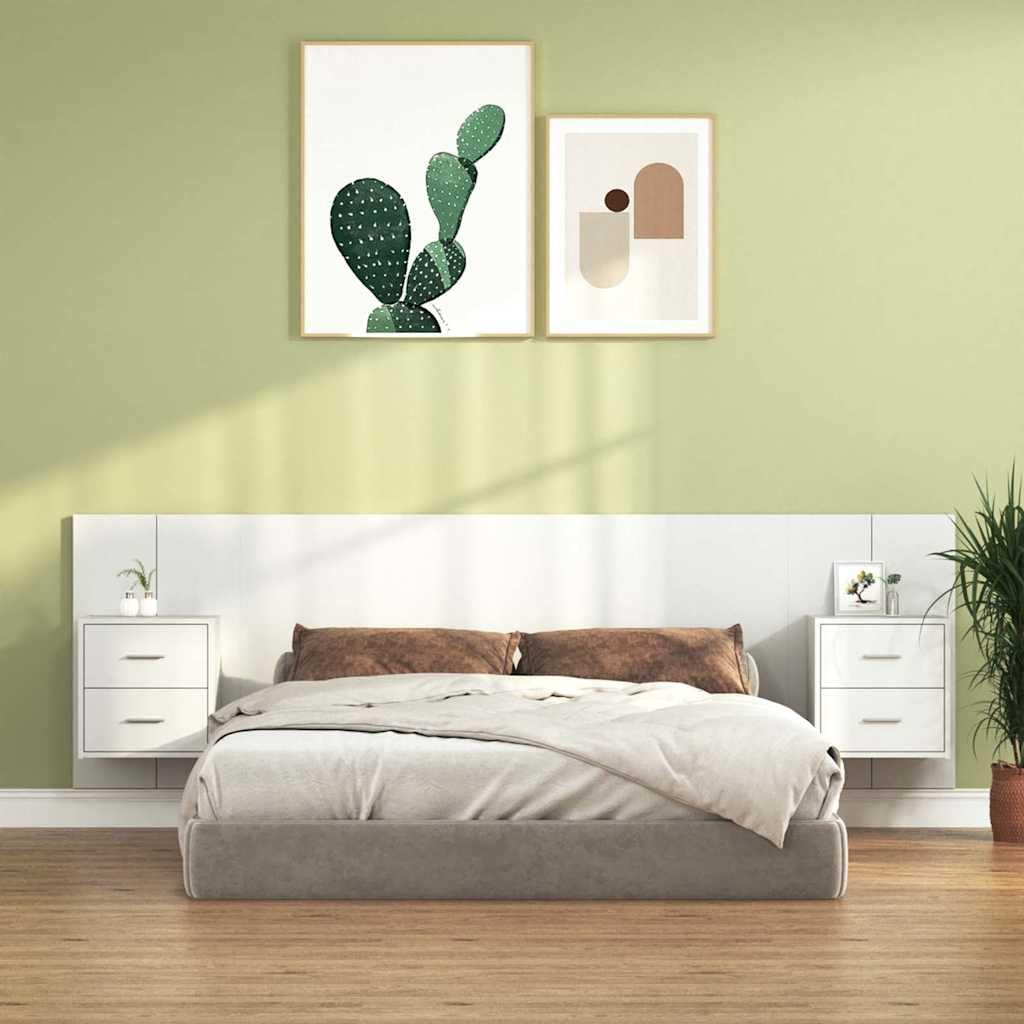 Tête de lit avec tables de chevet en bois blanc, montage mural, chambre à coucher, lit double, espace de rangement, dossier rembourré, pour lecture, appui, coussin de nuque