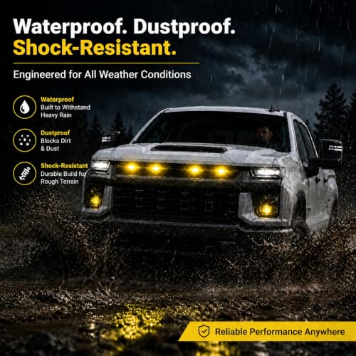 Image of Car Front Grill Set of 4 Pcs Universal Smoked Shell Style DRL Emergency Warning Off-Roading Lights (4 X 4) for All Cars, Vans, SUV, Trucks (Yellow)