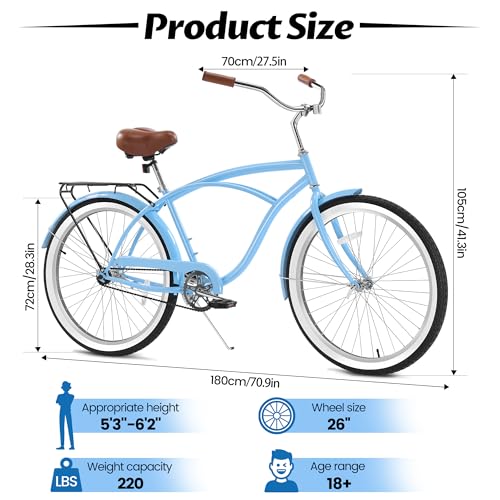 Calliever 26-Inch Beach Cruiser Bike Wheels Single-Speed Coaster Brakewith Rear Basket, Recommended Height 5'3 Inch To 6'2", Suitable For Men, Women thumb #4