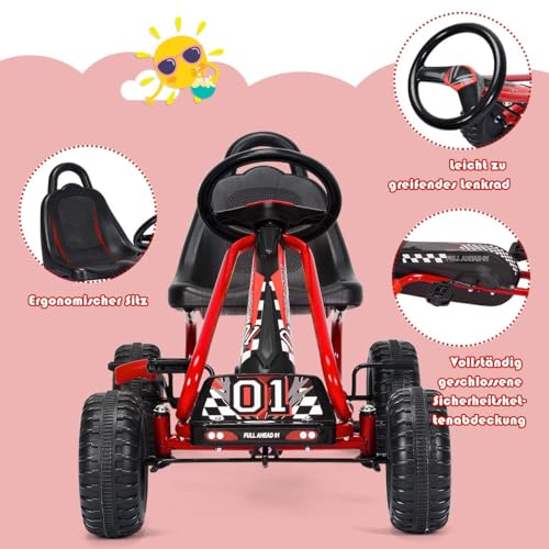 FANTASK Gokart mit verstellbarem Sitz, Go Cart mit Handbremse, Tretauto bis 30 kg belastbar, Kinderfahrzeug für Kinder von 3-6 Jahren (Rot) – Bild 4
