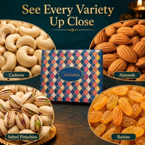 Image of Leeve Diwali Dry Fruit Gift Box, Assorted Nuts, 200 g X 5 | 4-section fancy celebration hamper with assorted nuts for family, friends, colleagues, clients and festive occasions