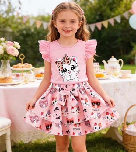 Image of Girls Skirt Set 2 Piece Outfit Toddler Summer Clothes Ruffle Sleeve T-Shirt Bow Knot Tutu Skirt Outfit Set