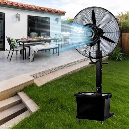 Ventilador oscilante industrial con 3 velocidades, soporte y nebulizador para garaje, jardín, gimnasio o uso en interiores, 750 mm