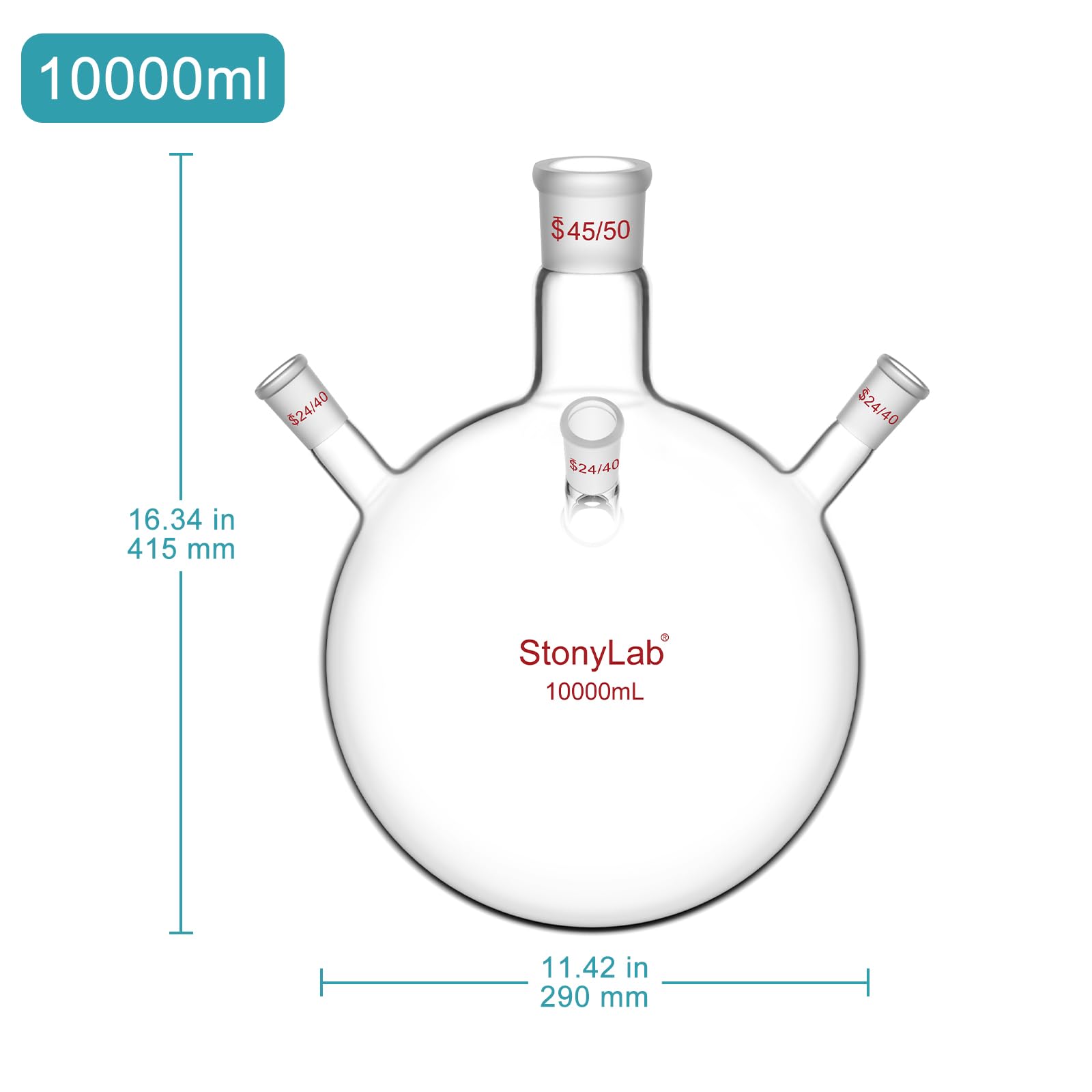 stonylab Matraz de Ebullición Redondo de 4 Cuellos, 10 L, RBF de Vidrio Borosilicato de Pared Gruesa con Conexión Central 45/50 y Conexiones Laterales 24/40, para Destilación en Laboratorio