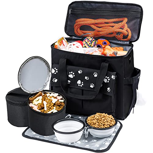CLAWIST Dog Travel Bag, Airline Approved Dog Bags for Traveling, 2 Dogs Food Travel Container and Collapsible Bowls for Supplies, Overnight Pet Travel Kit Accessories