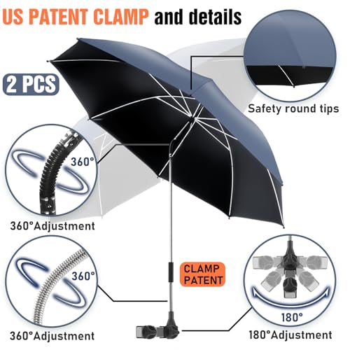 Image of 2 PACK Beach Umbrella with Clamp, 360 Adjustable Umbrellas for Chair, UPF50+ Umbrella for Beach Chair, Patio Chair, Wheelchair, Camping Chair, Golf Carts (Chair Not Included)