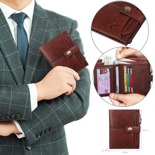 Image of Zipper Genuine Leather Wallet for Men, RFID Safe Full Grain Leather Handcrafted Front Pocket with Detachable Cardholder (Brown Oil Pull-UP)