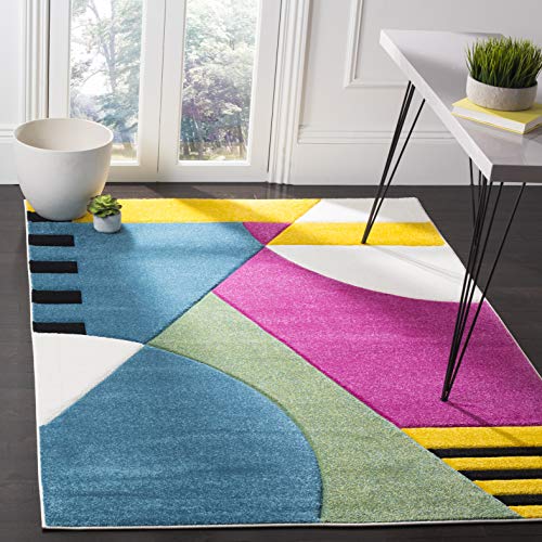 Image of SAFAVIEH Hollywood Collection Area Rug - 6'7" x 9', Peacock Blue & Fuchsia, Mid-Century Modern Design, Non-Shedding & Easy Care, Ideal for High Traffic Areas in Living Room, Bedroom (HLW706C)