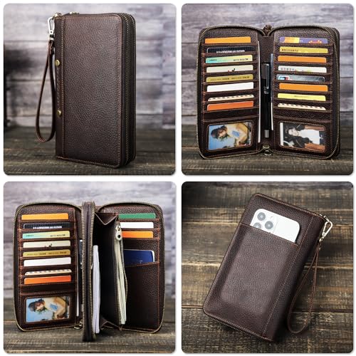 Top Grain Genuine Leather Clutch Wallet with Wristlet for Man & Woman, Handmade Vintage Design, Multi Pockets & Side Pocket & Slots, RFID Large Capacity for Cards/Checks/Money/Passport/Pen, Red Coffee2