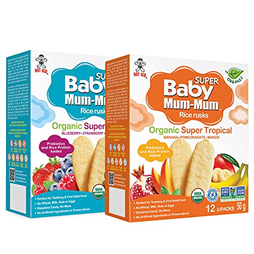 BABY MUM-MUM Organic Rice Rusks Baby Snacks - Variety Pack with Super Tropical & Super Berries Flavors (2 Boxes Each) | Infant Teething Biscuits - Non-GMO, Gluten Free, Allergen Free