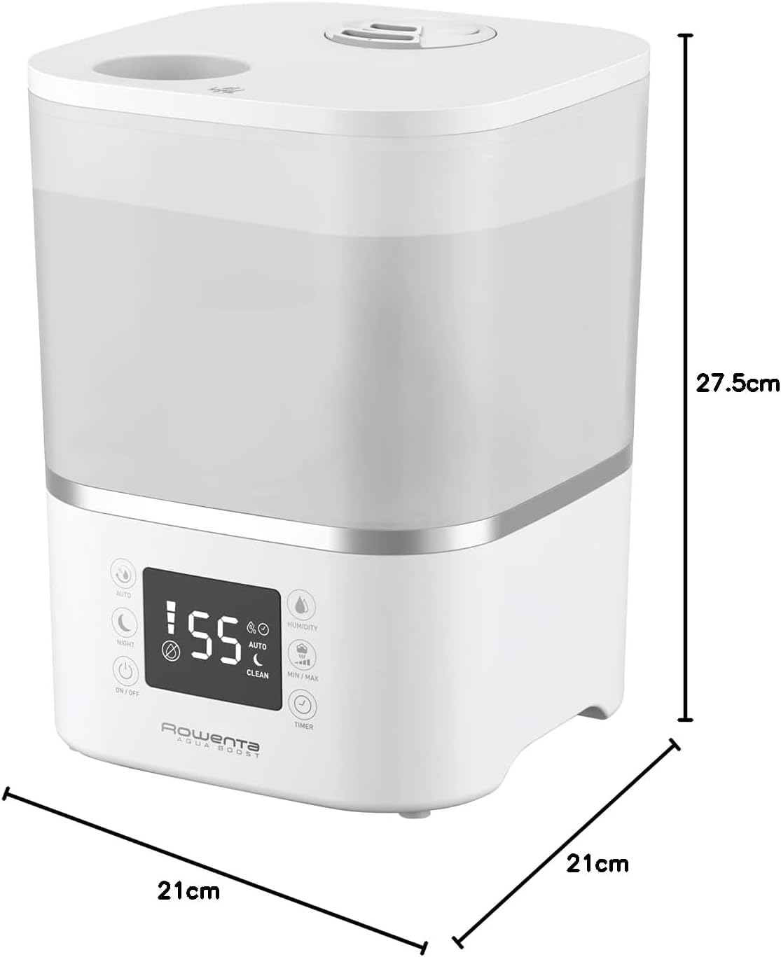 Rowenta Aqua Boost, Humidificador de 2,5 L, 3 programas, vapor caliente, compacto, silencioso 30 dBA, hasta 15 h de funcionamiento, temporizador hasta 12 h, apagado automático, HU4020