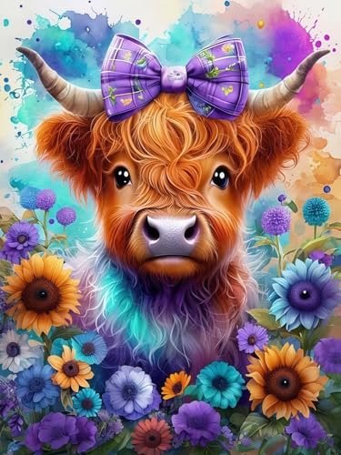 Cow Diamond Art Kits for Adults Beginner Highland Cow 5D Diamond Painting Kits for Adults DIY Full Drill Colorful Flower Gem Art Paint by Diamonds Dots Crafts Kits for Home Decor 12x16 Inch