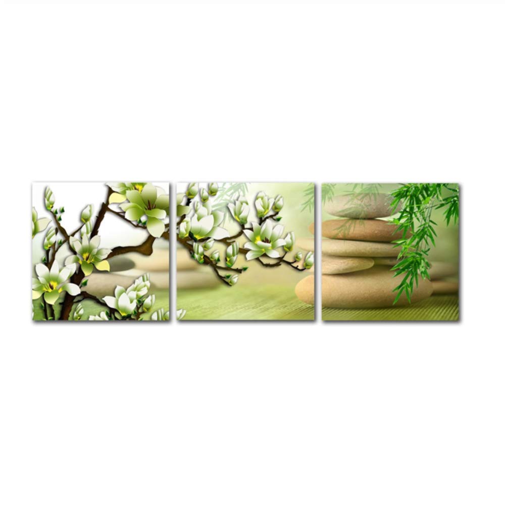 Imprimir Lienzo Pintura Verde Magnolia Flor Arte Carteles y Plantas de bambú Zen Cuadros de Pared para decoración de Marco de Sala de Estar 40x40cm (15.7 "x15.7) x3 con Marco