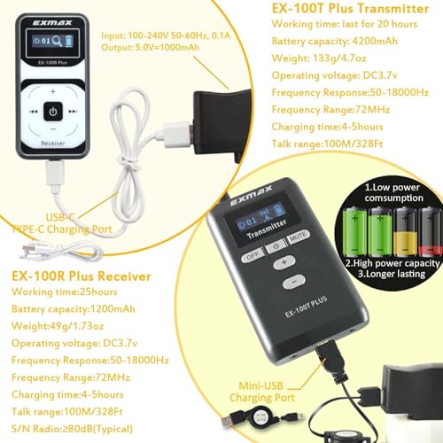 Sistema inalámbrico para guías turísticos EXMAX EX-100 Plus 72 MHz con micrófono para auriculares, para interpretación en iglesias, capacitación, conferencias y enseñanza (1 transmisor y 2 receptores) miniatura 5