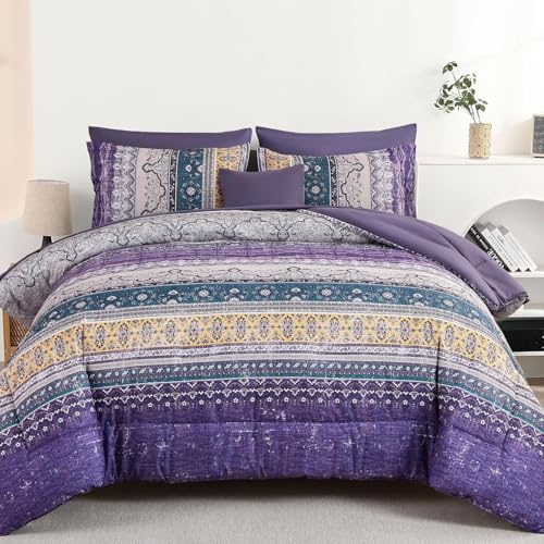 Image of Cottolester Boho Comforter Set California King Size 8 Pieces,Violet Bohemian Striped Bed in a Bag, Paisley Soft Microfiber Bedding Comforter Set