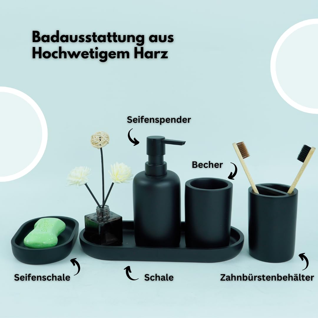 Badezimmer Set 5-teilig | Badezimmer Organizer | Bad Accessoires | Seifenspender Set aus Harz | Zahnputzbecher | Seifenhalter | Becher | Schale | Schwarz