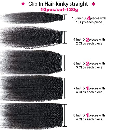 Kinky Clip In Human Hair Extensions For Black Women 8A Grade Kinky Coarse Clip In Hair Extensions 1B Natural Black Human Hair Clip In Extensions 10Pcs/Set 120G (14In,Kinky Straight) #TOP7