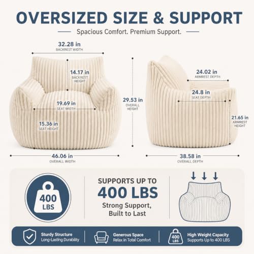 Image of Giant Plush Bean Bag Chair for Adults & Kids, 46 inch Oversized Bean Bag Sofa with Armrests, Memory Foam Comfy Mini Couch Lounge Chair, 400 LBS Floor Couch for Living Room, Bedroom, Game Room, Beige