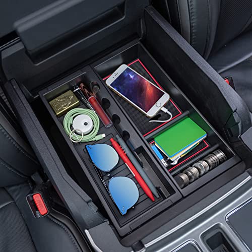 Image of PIMCAR Center Console Organizer Tray for Ford F150 (2015-2020), Super Duty F250 /F350 /F450 (2017-2022), Expedition (2018-2024),ABS Plastic Single-Piece Design, Fits Factory Tray-Red Trim