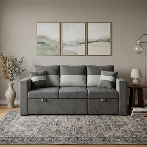 Image of FURNY Soria 4 Seater RHS Lounger Sofa Cum Bed (Light Gray - Dark Gray) with Pull-Out Function | Luxury Velvet Suede Finish | Durable Comfort | Ideal for Living Room