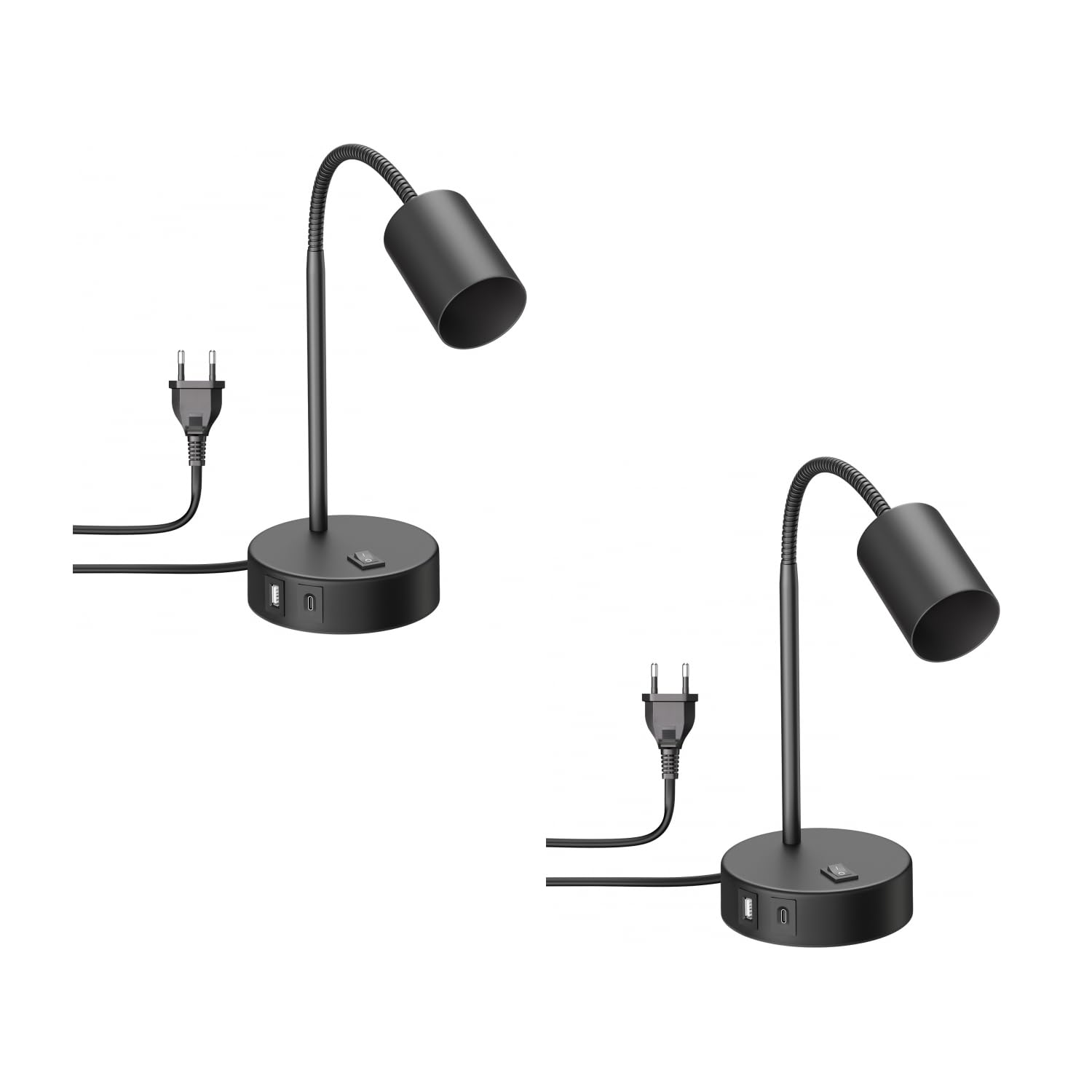 ledscom.de 2x Tischlampe WAIKA, Schwanenhals, Schalter, rund, schwarz, USB-A, USB-C, 1x GU10 max. 15W