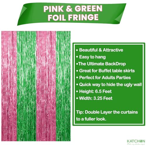 Image of KatchOn, XtraLarge Green and Pink Fringe Backdrop, Pack of 2 - Streamer Backdrop for Flamingo, One in A Melon Party Decorations | Pink and Green Party Decorations | Princess Birthday Decorations