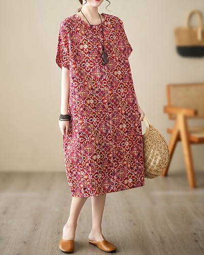 Image of LUZU JUNU Women's Summer Baggy Plus Size Loose Cotton Linen Long Boho Beach Dress with Pockets