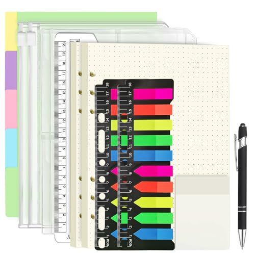 Sheryl&Rain 134 Artículos Recambio Agenda A5 6 Anillas, 120 Hojas de Hojas Punteadas, Separadores, Colores Notas Adhesivas, Sobres Bolsas, 20 cm Bolígrafo Negro, A5 Reemplazable Recambio