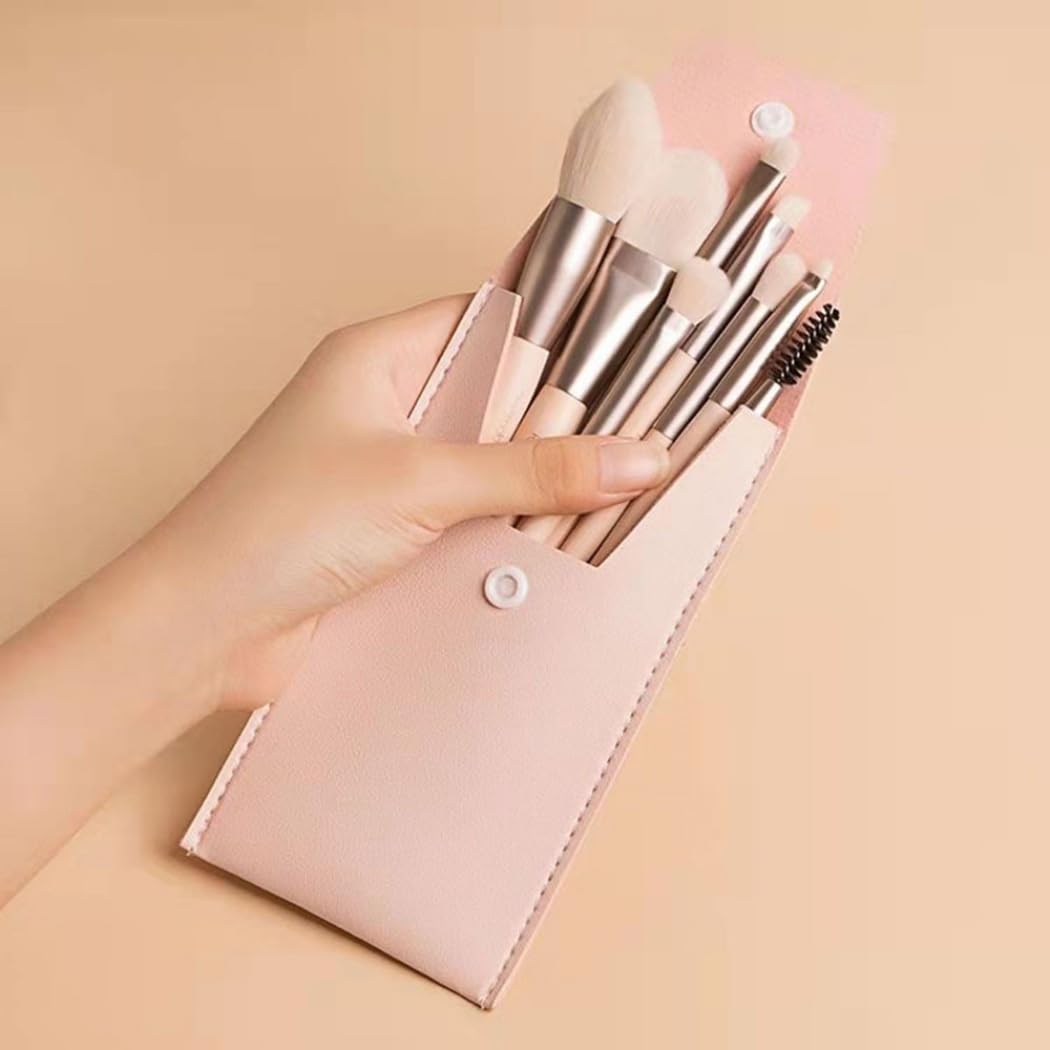 Juego de 8 brochas de maquillaje de albaricoque con estuche para mujer, mini kit de brochas de maquillaje multiusos de cerdas suaves
