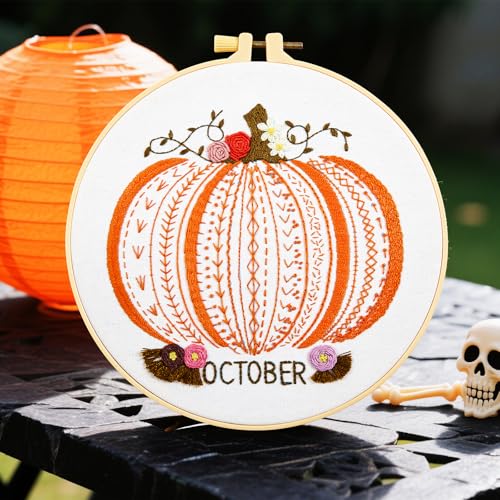 Image of Easy Beginners Embroidery Stitches Practice Kits for Adults, Fall Pumpkin Embroidery Starters Kits for Beginners to Learn 26 Stitches, Autumn Hand Embroidery Set Craft for Women & Video Tutorial