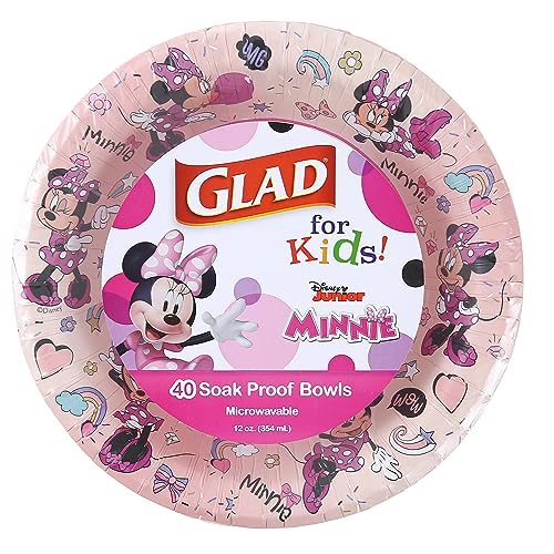 Glad for Kids Disney Mickey and Friends Disposable Paper Bowls Pink Minnie - Heavy Duty Soak-Proof Microwavable Kid-Friendly Snack Bowls for Everyday Use 12 Ounce 40 Count