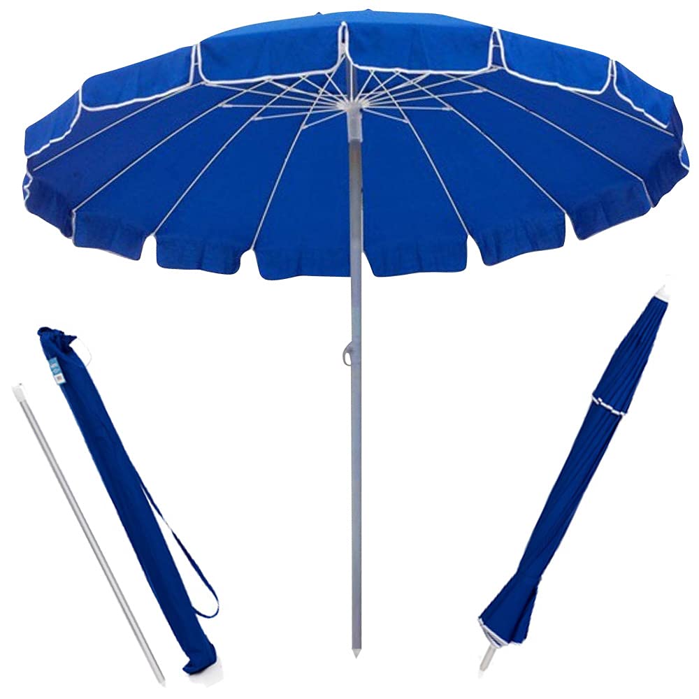 Parasol De Plage BAKAJI 220 Cm - 16 Baleines Fibre De Verre, Mât Aluminium 32 Mm, Toile Polyester Anti-UV Bleue