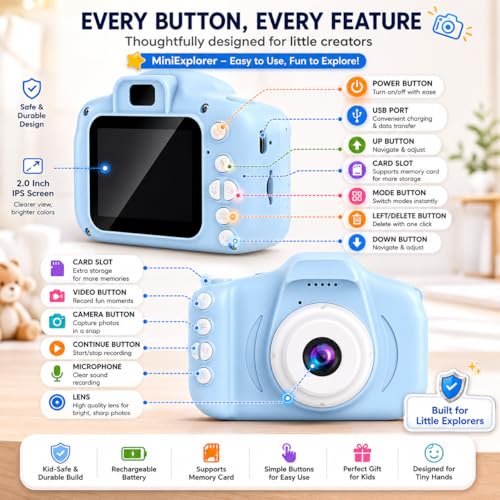 Image of MiniExplorer Mini Camera for Kids 3.0MP 1080P HD Video Digital Camera with 2-Inch Screen, USB Rechargeable Camera for Photo, Supports 32GB SD Card, Toys for Boys & Girls 7-14 Years - Blue