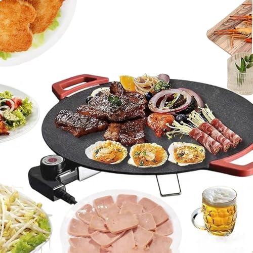 Electric Smokeless Grill, Non-Stick BBQ Griddle with Temperature Control, Round Cooking Surface with Red Handles, Indoor Barbecue Pan for Meat and Seafood (15.7)