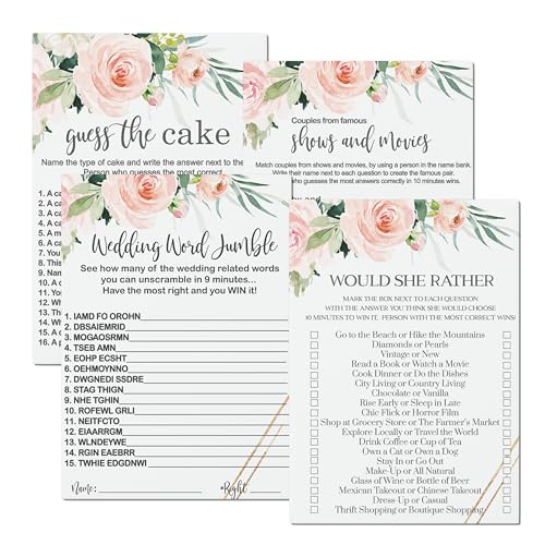 Graceful Floral Bridal Shower Games Bundle - 25 Each of Would She Rather, Guess the Cake, Word Scramble & Famous Pairs - Double-Sided Cards for Engagement Parties & Rehearsal Dinners