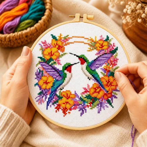 Image of Zhenqing Cross Stitch Kit for Beginners 4 Pack Bird Floral Embroidery Kit 11CT Stamped Aida Cloth DIY Pre Printed Cross Stitch Kits with Hoop Needle Thread Home Wall Decor Craft Gift Set