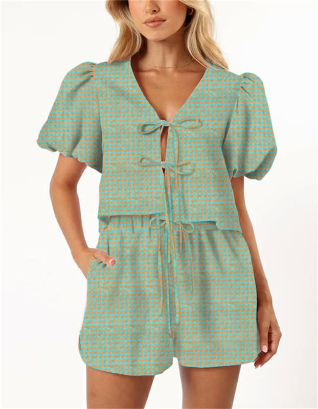 Image of Yuemengxuan Women Y2k Two Piece Plaid Lounge Sets Puff Sleeve Tie front Blouse Top High Waist Shorts Casual Pajamas Sets