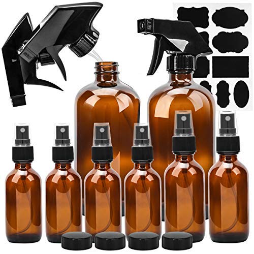 Glass Spray Bottle, ESARORA Amber Glass Spray Bottle Set For Essential Oils - Cleaning Products - Aromatherapy (16OZ x 2, 4OZ x 2, 2OZ x 4)
