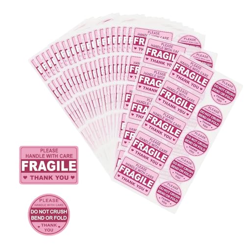 200 calcomanías frágiles rosas para envío, no aplastes, doblan o doblan el mango con etiquetas de cuidado, calcomanías de advertencia autoadhesivas para envío, cajas de correo, sobres