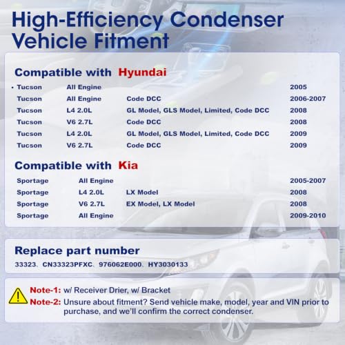 Image of Air Conditioning A /C Condenser Compatible with Hyundai Tucson /Kia Sportage # 3323, CN3323PFXC, 976062E000, HY3030133