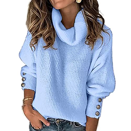 Womens Sweater Jumper Plus Size Solid Color Plain Turtle-Neck Knitted Tops Bishop Sleeve Loose Pullover Button Cuff Knitwear(A Sky Blue,M)