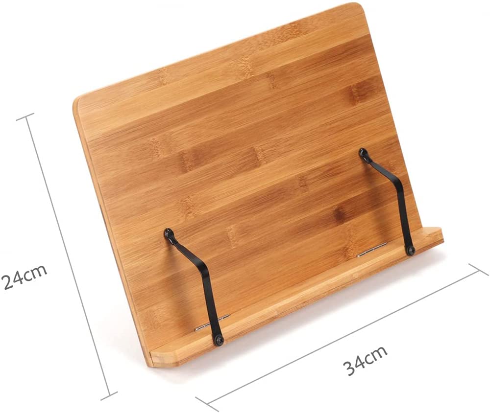 Soporte De Libro De Bambú Soporte De Libro De 340 * 240 Mm Soporte De Libro De Cocina De Recetas De Bambú Ajustable Soporte Con 2 Soportes De Página De Metal.