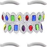 18K Gold Plated Colorful Gem Teeth Grillz Covered Hip Hop Iced Out Cubic Zircon Top and Bottom...