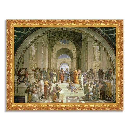 LuxHomeDecor Raffaello Sanzio - Scuola di Atene - Quadro stampa su tela con cornice oro classico - 50x40 cm