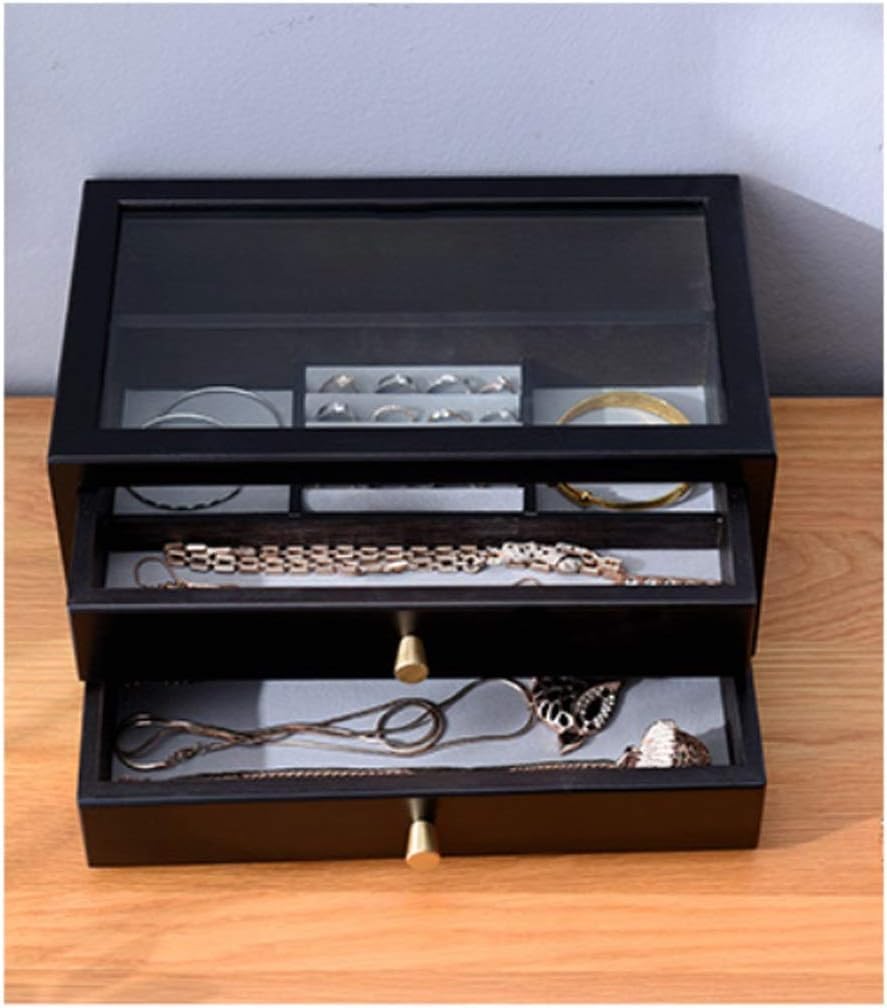 XBTGS Joyero de madera de lujo con 2 capas, organizador de joyas de gran capacidad, caja organizadora de joyas, aretes, anillos, caja de almacenamiento de joyas,