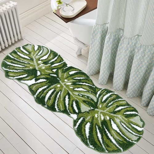 Green Bathroom Runner Rug - Leaf Long Bath Mat Tropical Monstera Bath Rugs Non Slip Washable Bathrug for Bathroom Floor Cute Restroom Rug Plant Absorbent Bathmat Botanical Home Decor 24 x 60