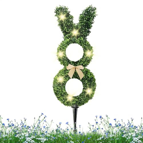 Topiario de conejo, maceta de árbol de Pascua para exteriores, plantas de imitación de conejo, bolas topiarias artificiales verdes en forma de conejo, planta topiaria de de conejo de Pascua para